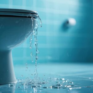 overflowing toilet with water spilling onto the bathroom floor