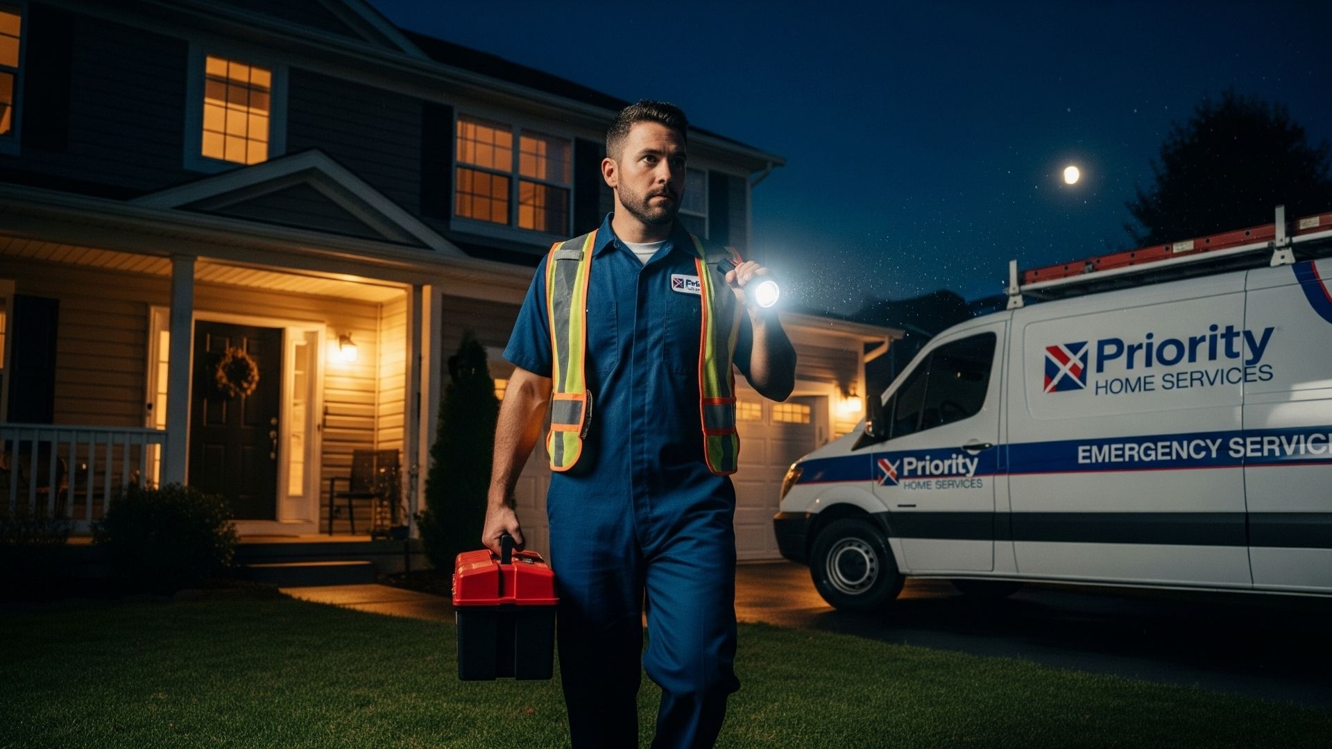 A Priority Home Services emergency plumber arriving at a house at night for a service call